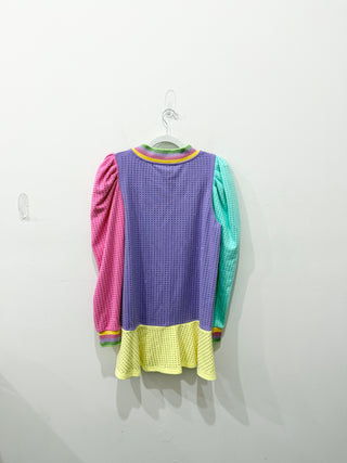 Queen of Sparkles Pastel Colorblock Puff Sleeve Sweater Dress Multi Women's XS