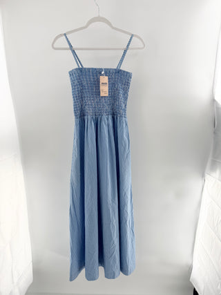 Anthony Thomas Melillo ATM Superfine Twill Stripe Smocked Maxi Dress Blue Medium