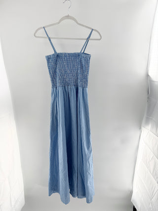 Anthony Thomas Melillo ATM Superfine Twill Stripe Smocked Maxi Dress Blue Medium
