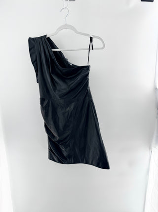 LAMARQUE Corey Lamb Leather Asymmetric One Shoulder Mini Dress Black Women's XS