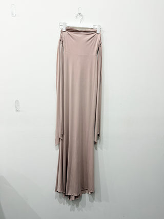 Abyss By Abby sleek off-the-shoulder maxi dress with draped neckline and sheer, elongated sleeve panels, XS