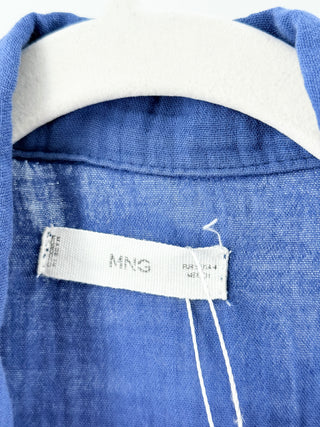 Mango two-piece set crafted from lightweight textured cotton featuring button-down long sleeve top with soft collar and tie-front detail paired with matching high-waisted pants, S