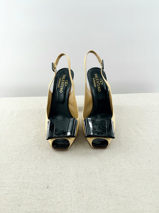 Valentino canvas and black patent platform slingback open toe pumps, 40