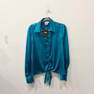 Finley Lindy Satin Long Sleeve Tie Front Button-Front Shirt Aqua Blue Womens M