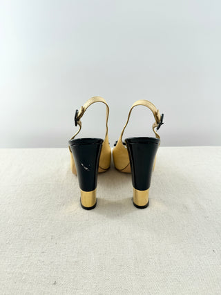 Valentino canvas and black patent platform slingback open toe pumps, 40