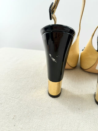 Valentino canvas and black patent platform slingback open toe pumps, 40
