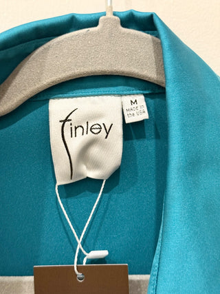 Finley Lindy Satin Long Sleeve Tie Front Button-Front Shirt Aqua Blue Womens M