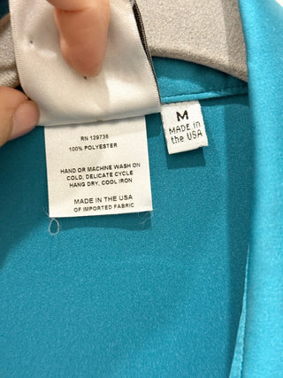 Finley Lindy Satin Long Sleeve Tie Front Button-Front Shirt Aqua Blue Womens M