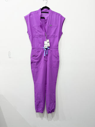 Figs Rafaela Cargo Jogger Scrub Jumpsuit featuring a zip-front closure, cap sleeves, and a drawstring waist, XXS