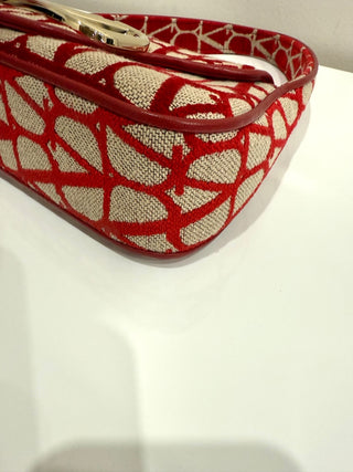 Valentino Garavani Iconographe Loco Canvas Hobo Bag Naturale Rosso V Size Small