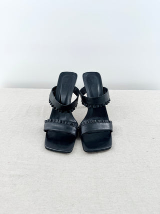 By Far Pina Creased Leather Ruffled Slide Mules Sandals Black Women's Size EU 38