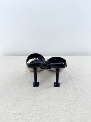 By Far Pina Creased Leather Ruffled Slide Mules Sandals Black Women's Size EU 38