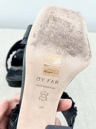 By Far Pina Creased Leather Ruffled Slide Mules Sandals Black Women's Size EU 38