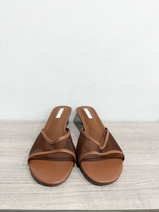 NWOT Tony Bianco Pru Mesh & Leather Kitten Heel Mules Sandals Brown Women's 10