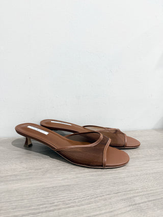 NWOT Tony Bianco Pru Mesh & Leather Kitten Heel Mules Sandals Brown Women's 10