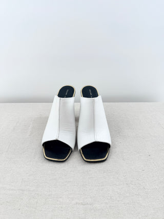 Celine Leather Minimalist Peep Toe Block Heel Mules White w/ Gold Trim Womens 36