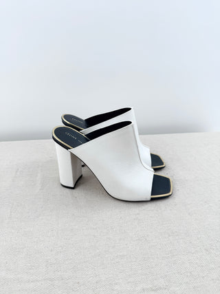 Celine Leather Minimalist Peep Toe Block Heel Mules White w/ Gold Trim Womens 36