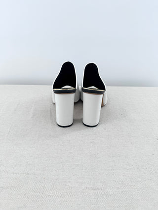 Celine Leather Minimalist Peep Toe Block Heel Mules White w/ Gold Trim Womens 36