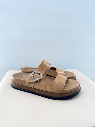 Jimmy Choo Marga Crystal-Embellished Suede Flat Slides Sandals Brown Size 10
