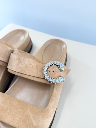 Jimmy Choo Marga Crystal-Embellished Suede Flat Slides Sandals Brown Size 10