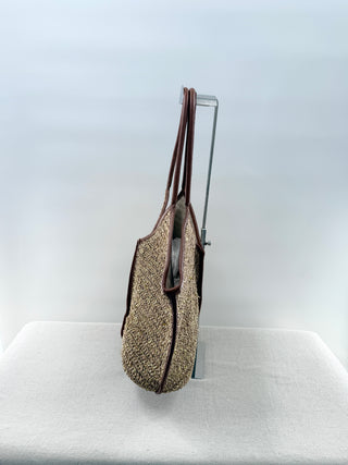 BtoB large tote bag faux leather trim and metallic raffia