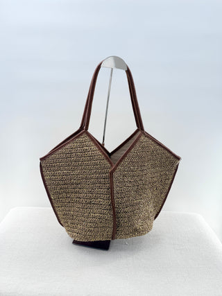 BtoB large tote bag faux leather trim and metallic raffia