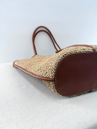 BtoB large tote bag faux leather trim and metallic raffia