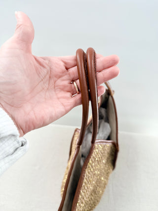 BtoB large tote bag faux leather trim and metallic raffia