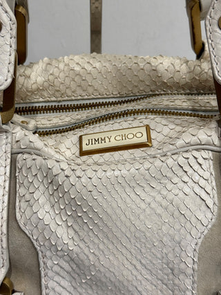 Jimmy Choo Suede Trim Python Embossed Leather Shoulder Top Handle Bag Off White