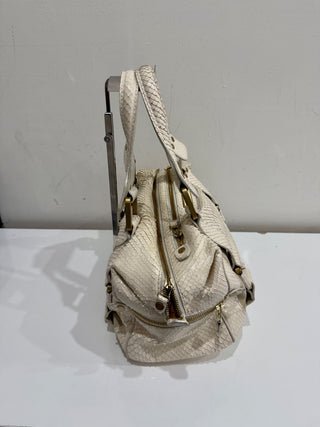 Jimmy Choo Suede Trim Python Embossed Leather Shoulder Top Handle Bag Off White