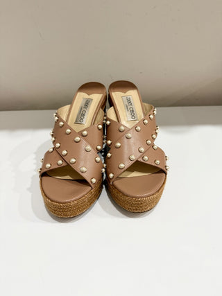 Jimmy Choo Dovina 100 Espadrille Wedge Platform Slide Sandals Beige Womens EU 39