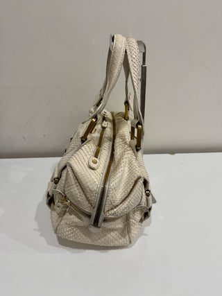 Jimmy Choo Suede Trim Python Embossed Leather Shoulder Top Handle Bag Off White