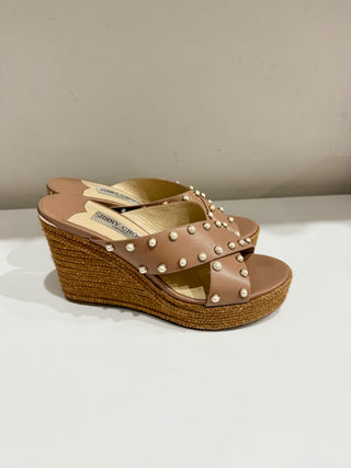 Jimmy Choo Dovina 100 Espadrille Wedge Platform Slide Sandals Beige Womens EU 39