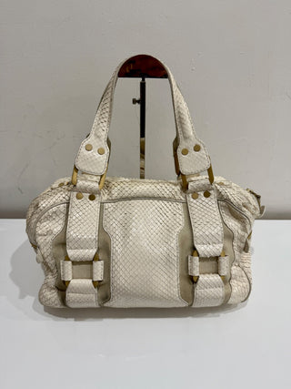 Jimmy Choo Suede Trim Python Embossed Leather Shoulder Top Handle Bag Off White