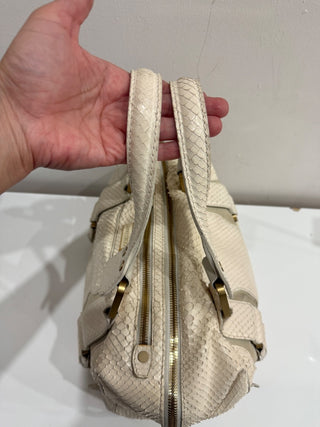 Jimmy Choo Suede Trim Python Embossed Leather Shoulder Top Handle Bag Off White