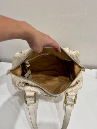 Jimmy Choo Suede Trim Python Embossed Leather Shoulder Top Handle Bag Off White