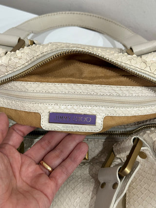 Jimmy Choo Suede Trim Python Embossed Leather Shoulder Top Handle Bag Off White