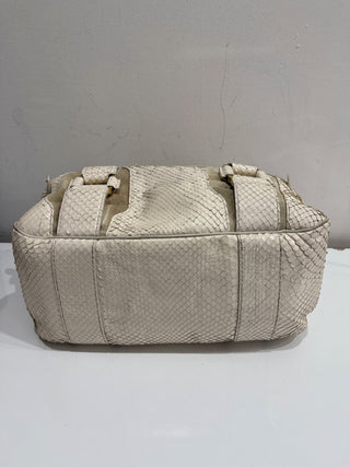 Jimmy Choo Suede Trim Python Embossed Leather Shoulder Top Handle Bag Off White