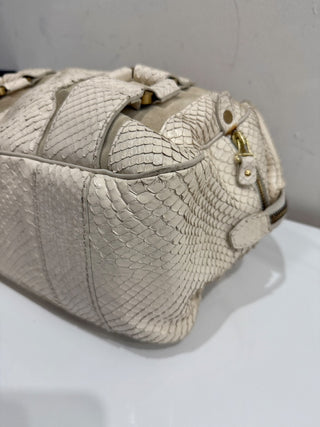 Jimmy Choo Suede Trim Python Embossed Leather Shoulder Top Handle Bag Off White