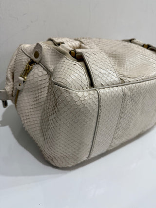 Jimmy Choo Suede Trim Python Embossed Leather Shoulder Top Handle Bag Off White