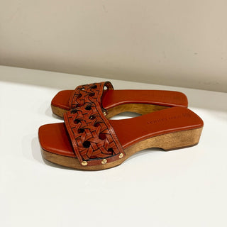 Tory Burch Basketweave Leather Clog Slides Sandals Brick Red Women's Size US 8