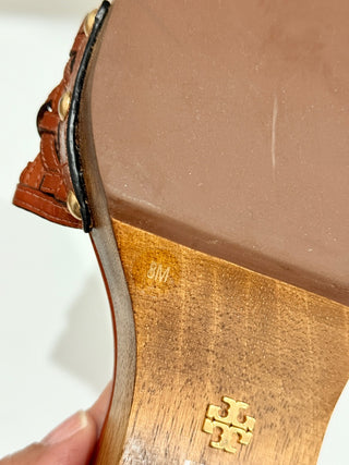 Tory Burch Basketweave Leather Clog Slides Sandals Brick Red Women's Size US 8