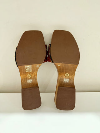 Tory Burch Basketweave Leather Clog Slides Sandals Brick Red Women's Size US 8