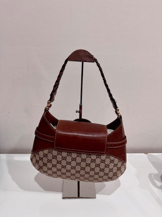 Gucci Monogram Leather Canvas Gg Horsebit Shoulder Bag Brown Size Medium