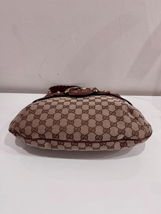 Gucci Monogram Leather Canvas Gg Horsebit Shoulder Bag Brown Size Medium