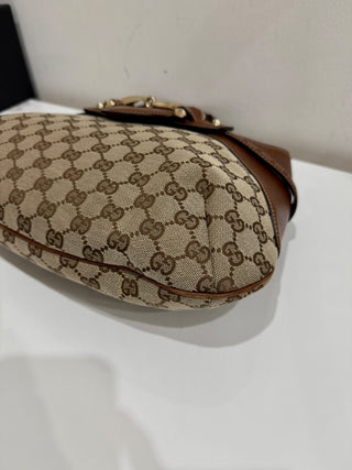 Gucci Monogram Leather Canvas Gg Horsebit Shoulder Bag Brown Size Medium