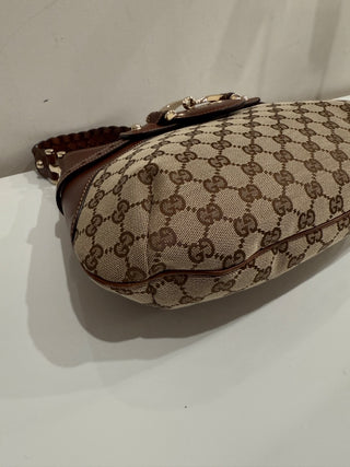 Gucci Monogram Leather Canvas Gg Horsebit Shoulder Bag Brown Size Medium