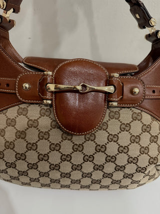Gucci Monogram Leather Canvas Gg Horsebit Shoulder Bag Brown Size Medium