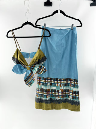Silvia Tcherassi Aqua and Olive Green Crop Knot Top and Maxi Skirt, top M / bottom S