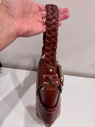 Gucci Monogram Leather Canvas Gg Horsebit Shoulder Bag Brown Size Medium